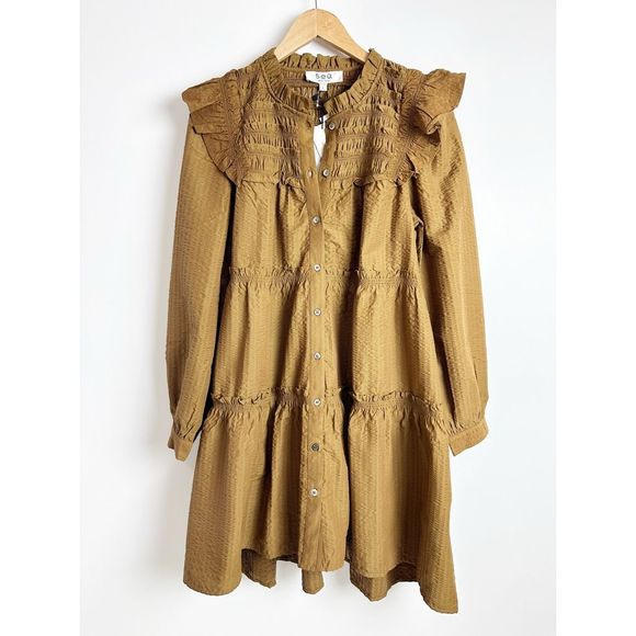 SEA Sevyn Seersucker Dress Size Large Long Sleeve Tobacco Brown Ruffle - Picture 3 of 16